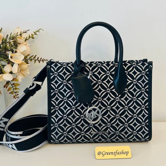 Michael Kors Purse Mirella Small Metallic Logo Jacquard Crossbody Bag Black - Picture 1 of 10